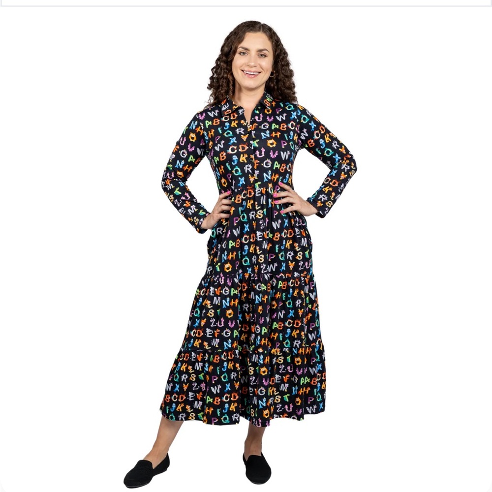 Svaha Animal Alphabet Long Sleeve Button-Up Tiered Midi Dress